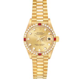 Rolex President Datejust Yellow Gold Diamond Ruby Ladies Watch 69068 26.0mm